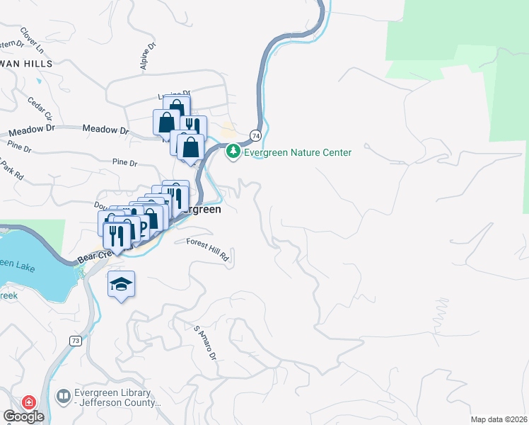 map of restaurants, bars, coffee shops, grocery stores, and more near 4461 Independence Trail in Evergreen