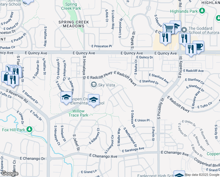 map of restaurants, bars, coffee shops, grocery stores, and more near 21031 East Stanford Lane in Aurora