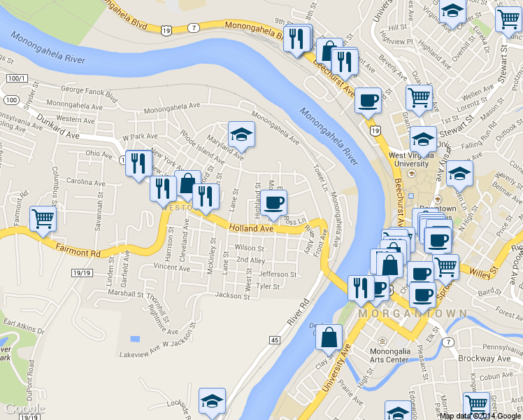 map of restaurants, bars, coffee shops, grocery stores, and more near 22 Highland Street in Morgantown