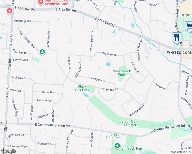 map of restaurants, bars, coffee shops, grocery stores, and more near 1551 Langdon Drive in Dayton