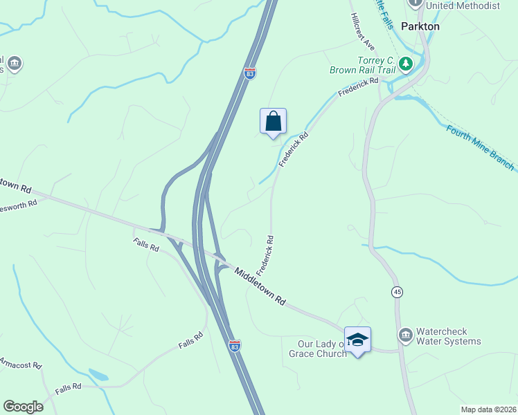 map of restaurants, bars, coffee shops, grocery stores, and more near 18606 Frederick Road in Parkton