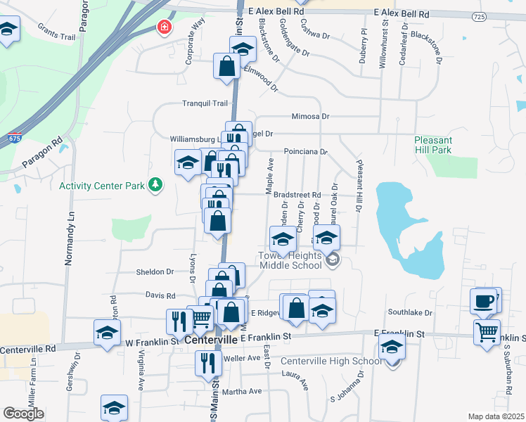 map of restaurants, bars, coffee shops, grocery stores, and more near 215 Maple Ave in Dayton