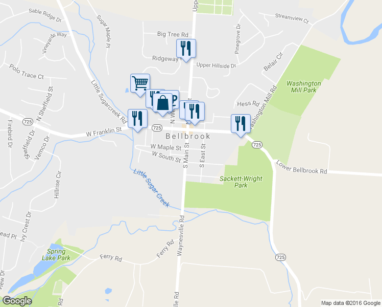 map of restaurants, bars, coffee shops, grocery stores, and more near 57 South Main Street in Spring Valley