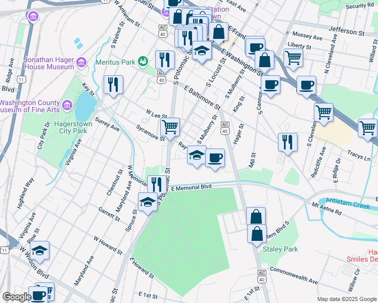map of restaurants, bars, coffee shops, grocery stores, and more near 145 Ray Street in Hagerstown