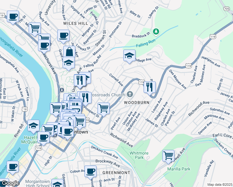 map of restaurants, bars, coffee shops, grocery stores, and more near 820 Naomi Street in Morgantown