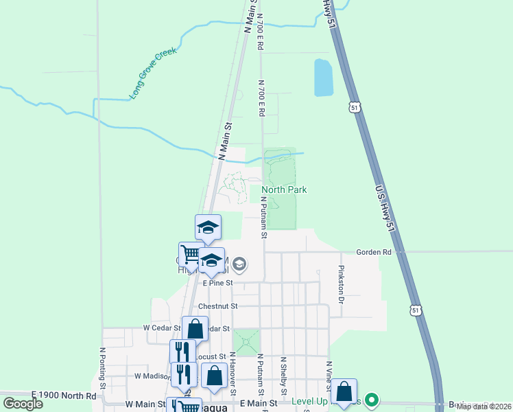 map of restaurants, bars, coffee shops, grocery stores, and more near 7 Allen Drive in Moweaqua