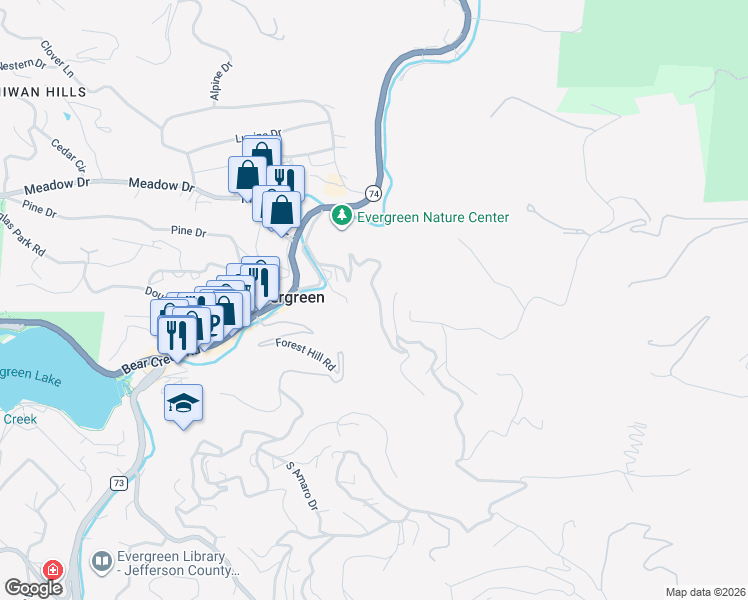 map of restaurants, bars, coffee shops, grocery stores, and more near 4461 Independence Trail in Evergreen