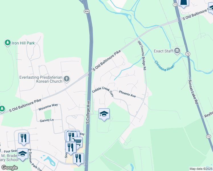 map of restaurants, bars, coffee shops, grocery stores, and more near 133-138 Cobble Creek Curve in Newark