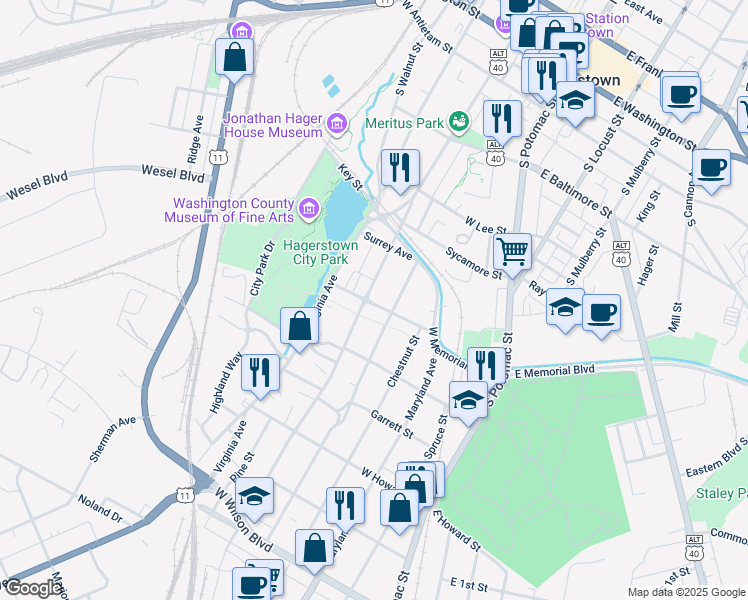 map of restaurants, bars, coffee shops, grocery stores, and more near 460 Summit Avenue in Hagerstown