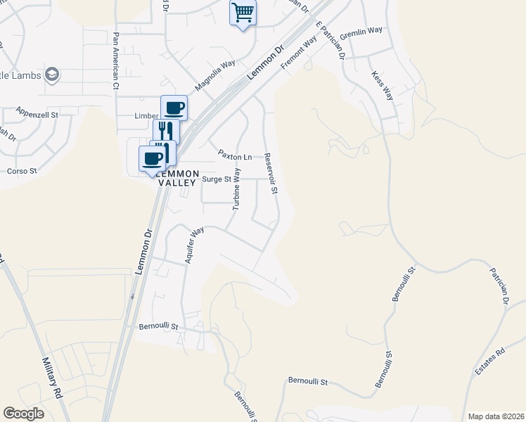 map of restaurants, bars, coffee shops, grocery stores, and more near 8915 Artesian Way in Reno