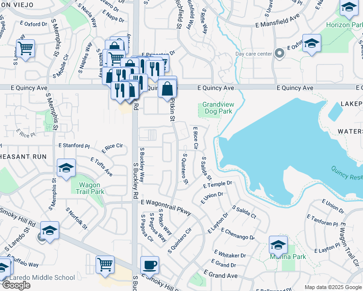 map of restaurants, bars, coffee shops, grocery stores, and more near 17151 East Stanford Avenue in Aurora