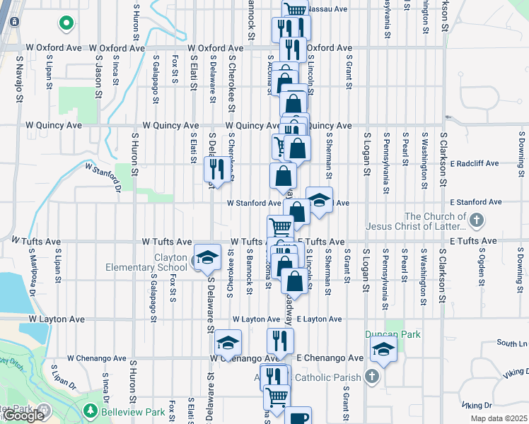 map of restaurants, bars, coffee shops, grocery stores, and more near 4525 South Acoma Street in Englewood