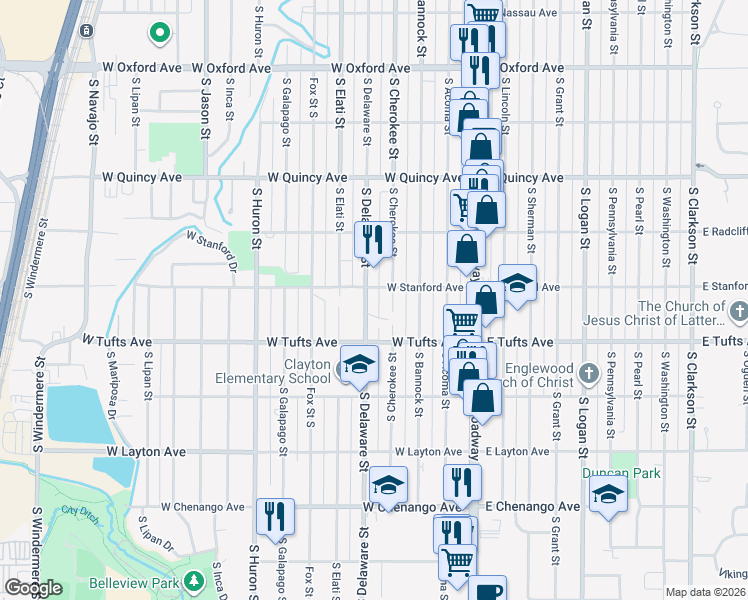 map of restaurants, bars, coffee shops, grocery stores, and more near 4520 South Delaware Street in Englewood