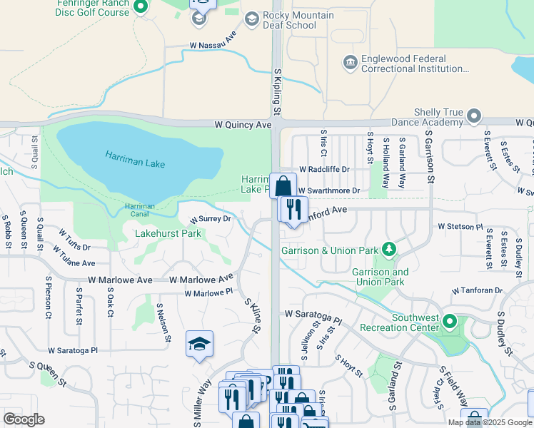 map of restaurants, bars, coffee shops, grocery stores, and more near 4533 South Kline Court in Littleton