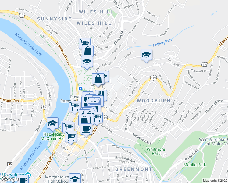 map of restaurants, bars, coffee shops, grocery stores, and more near 246 Fife Avenue in Morgantown