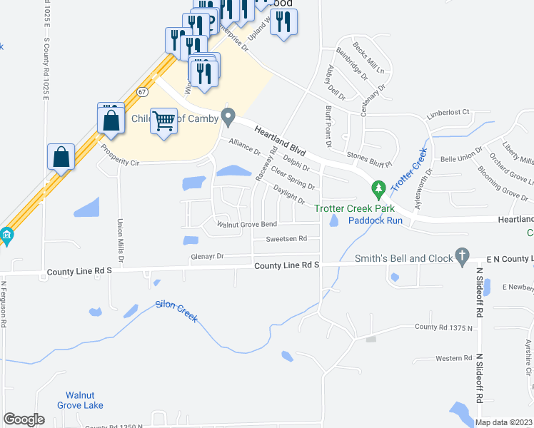 map of restaurants, bars, coffee shops, grocery stores, and more near 8833 Taggart Drive in Hendricks County