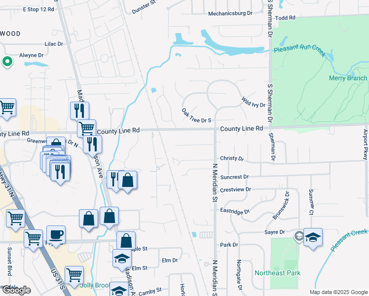 map of restaurants, bars, coffee shops, grocery stores, and more near 145 Nancy Ln in Greenwood