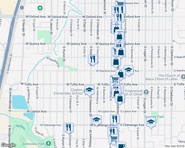 map of restaurants, bars, coffee shops, grocery stores, and more near 4520 South Delaware Street in Englewood