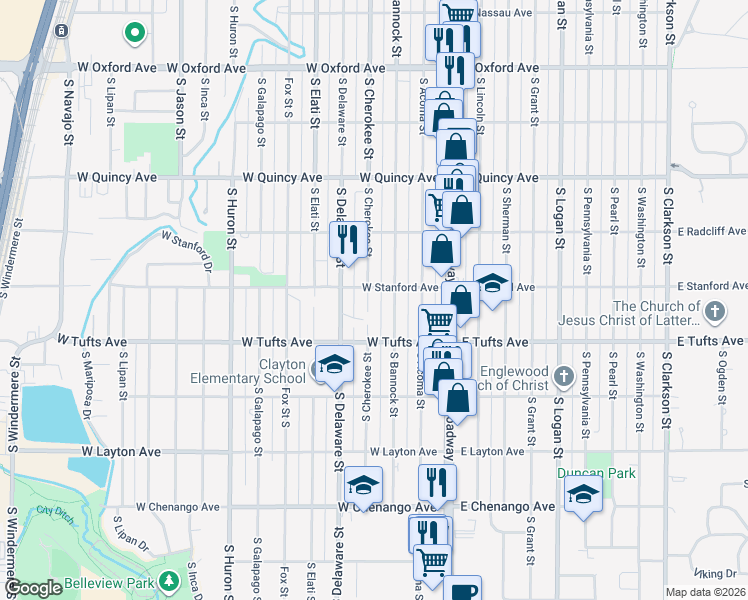 map of restaurants, bars, coffee shops, grocery stores, and more near 4520 South Cherokee Street in Englewood