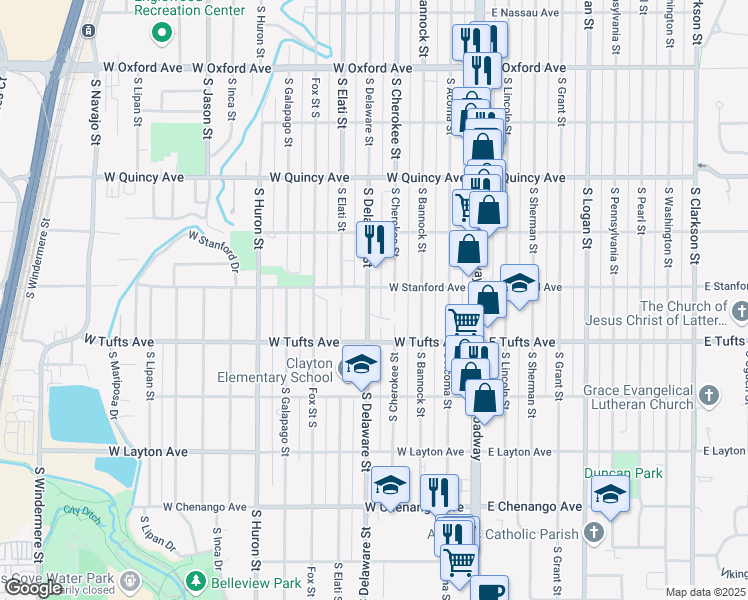 map of restaurants, bars, coffee shops, grocery stores, and more near 4520 South Delaware Street in Englewood