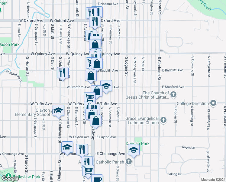 map of restaurants, bars, coffee shops, grocery stores, and more near 4518 South Sherman Street in Englewood