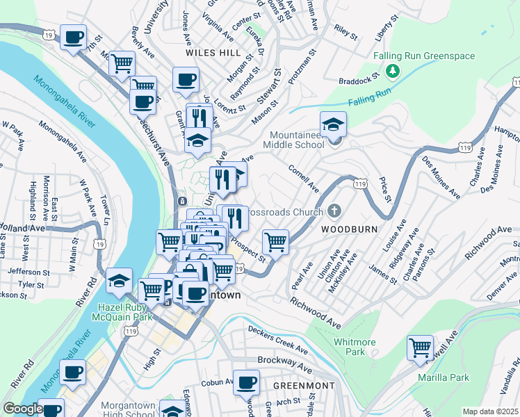 map of restaurants, bars, coffee shops, grocery stores, and more near 246 Fife Avenue in Morgantown