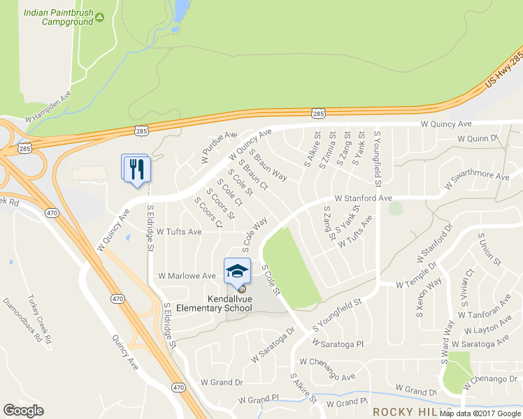 map of restaurants, bars, coffee shops, grocery stores, and more near 4443 South Cole Street in Morrison