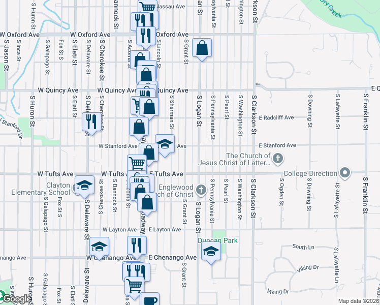 map of restaurants, bars, coffee shops, grocery stores, and more near 4515 South Logan Street in Englewood