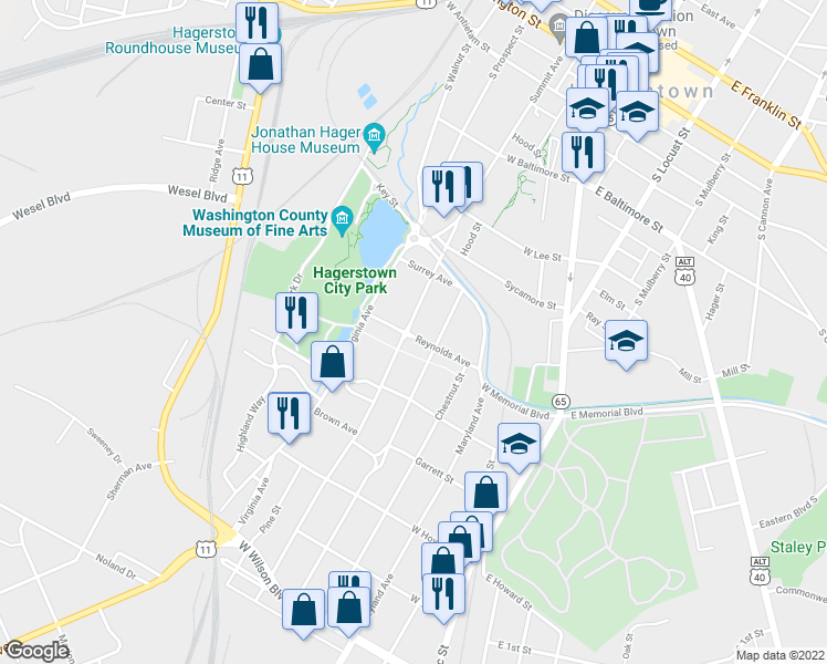 map of restaurants, bars, coffee shops, grocery stores, and more near 462 Summit Avenue in Hagerstown