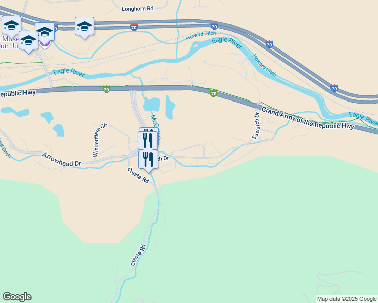 map of restaurants, bars, coffee shops, grocery stores, and more near 121 Wildflower Place in Edwards
