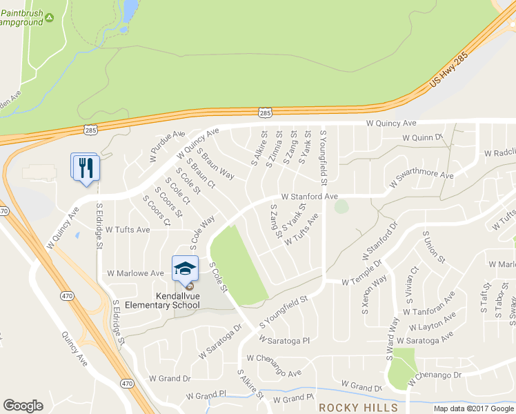 map of restaurants, bars, coffee shops, grocery stores, and more near 4508 South Alkire Street in Morrison