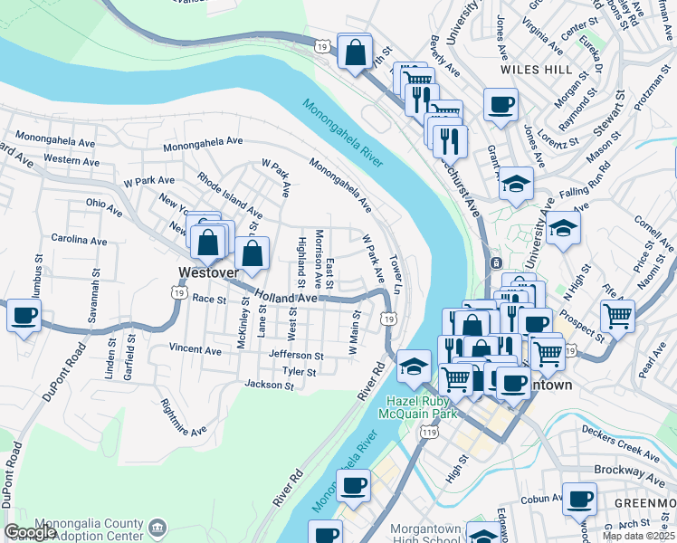 map of restaurants, bars, coffee shops, grocery stores, and more near 98 Martin Lane in Morgantown