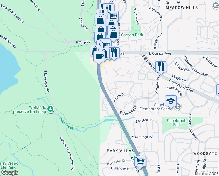 map of restaurants, bars, coffee shops, grocery stores, and more near 4524 South Auckland Court in Aurora