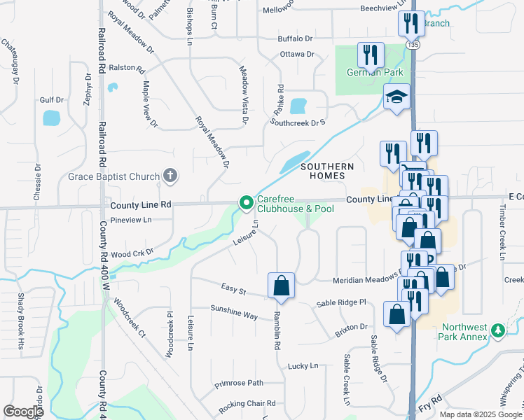 map of restaurants, bars, coffee shops, grocery stores, and more near 1201 Leisure Lane in Greenwood