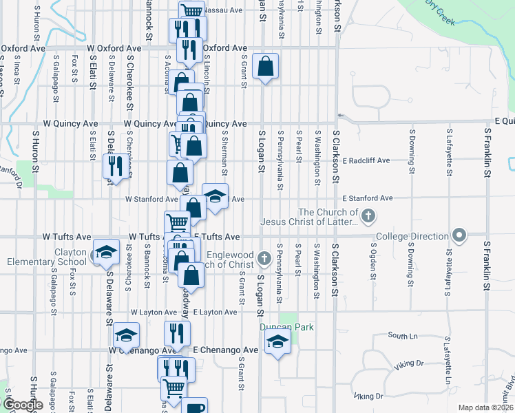 map of restaurants, bars, coffee shops, grocery stores, and more near 4515 South Logan Street in Englewood
