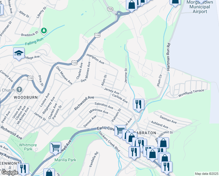 map of restaurants, bars, coffee shops, grocery stores, and more near 1249 Central Avenue in Morgantown