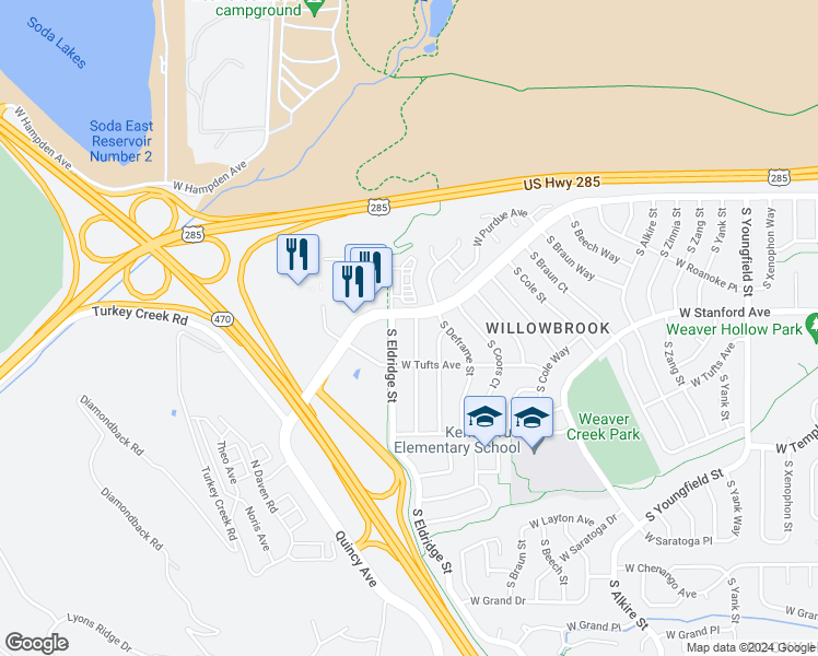 map of restaurants, bars, coffee shops, grocery stores, and more near 4345 South Devinney Court in Morrison