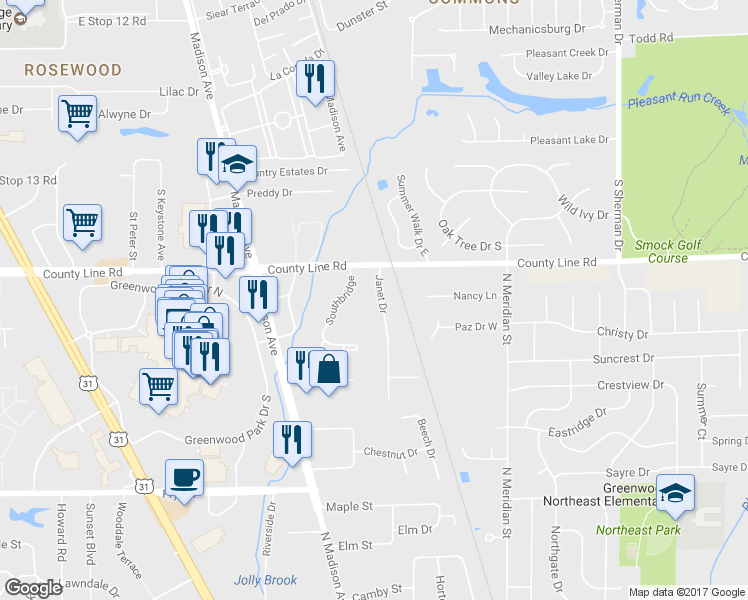 map of restaurants, bars, coffee shops, grocery stores, and more near 1220 Janet Drive in Greenwood