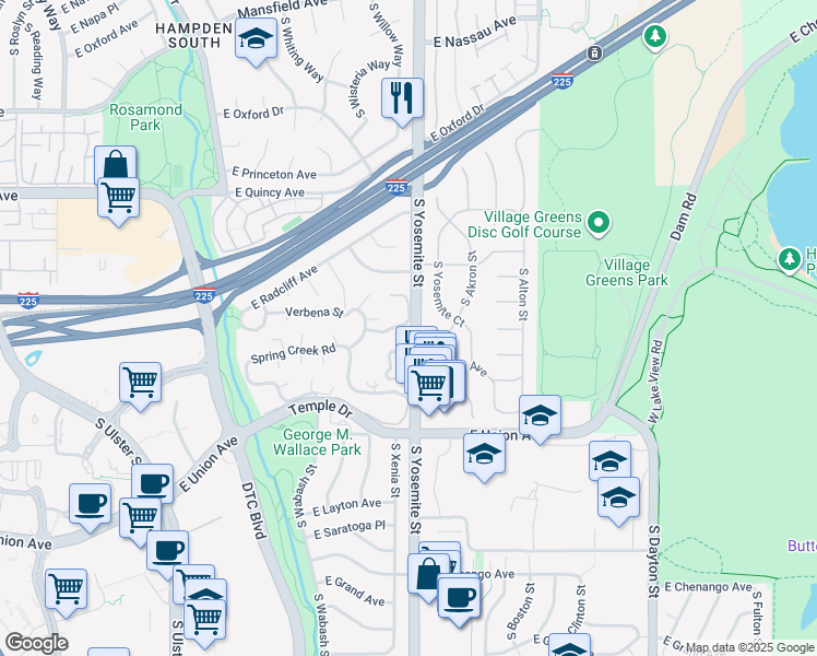 map of restaurants, bars, coffee shops, grocery stores, and more near 4505 South Yosemite Street in Denver