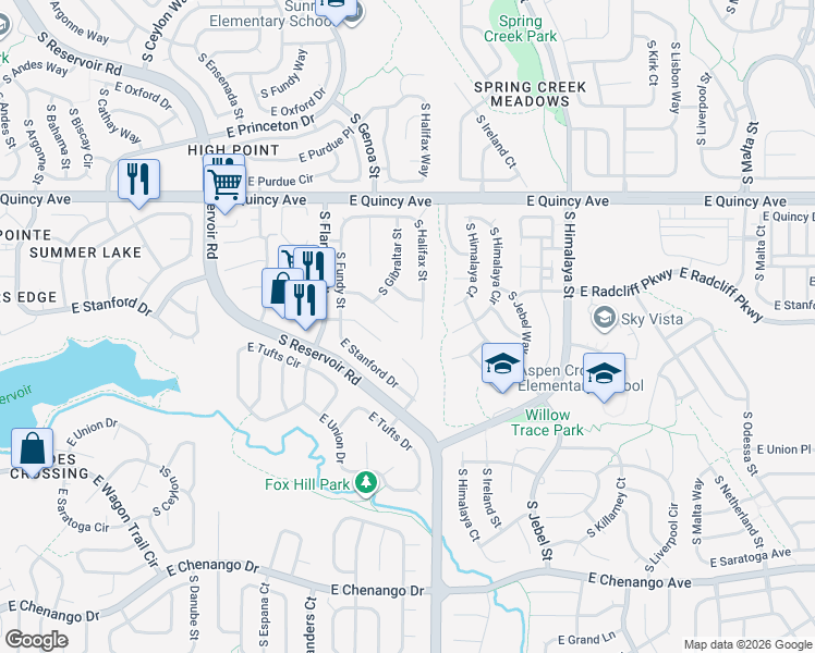 map of restaurants, bars, coffee shops, grocery stores, and more near 19991 E Radcliff Pl in Centennial