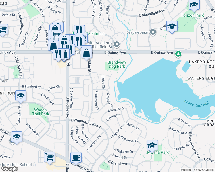map of restaurants, bars, coffee shops, grocery stores, and more near 17488 East Rice Circle in Aurora