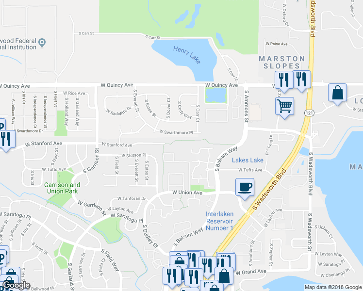 map of restaurants, bars, coffee shops, grocery stores, and more near 8700 West Stanford Avenue in Denver