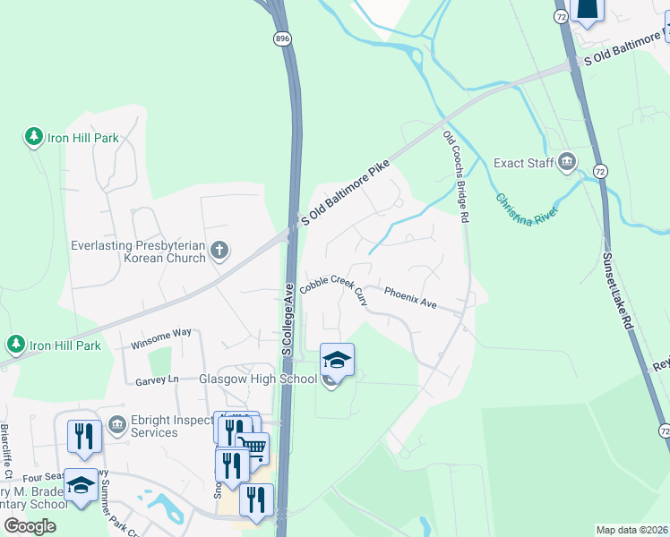map of restaurants, bars, coffee shops, grocery stores, and more near 133-138 Cobble Creek Curve in Newark