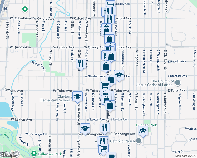 map of restaurants, bars, coffee shops, grocery stores, and more near 4525 South Acoma Street in Englewood