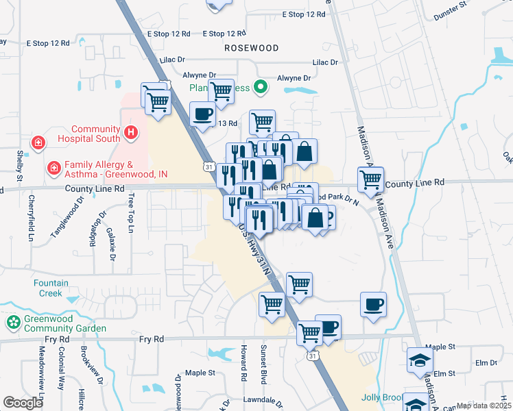 map of restaurants, bars, coffee shops, grocery stores, and more near 1090 Greenwood Park Drive West in Greenwood