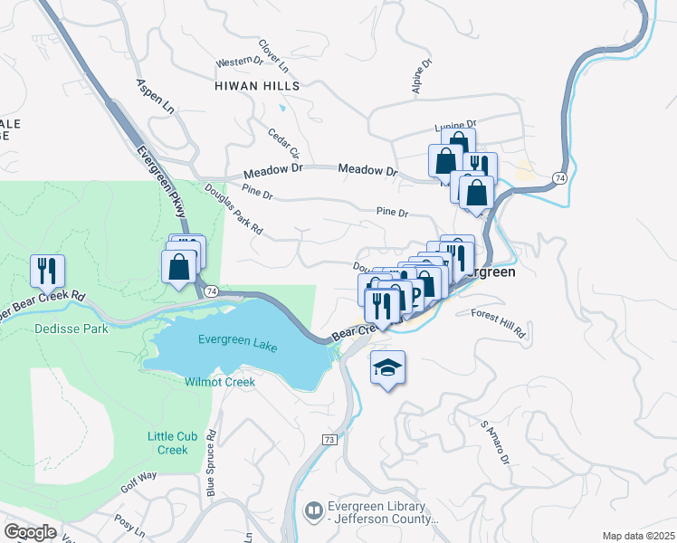 map of restaurants, bars, coffee shops, grocery stores, and more near 28380 Douglas Park Road in Evergreen