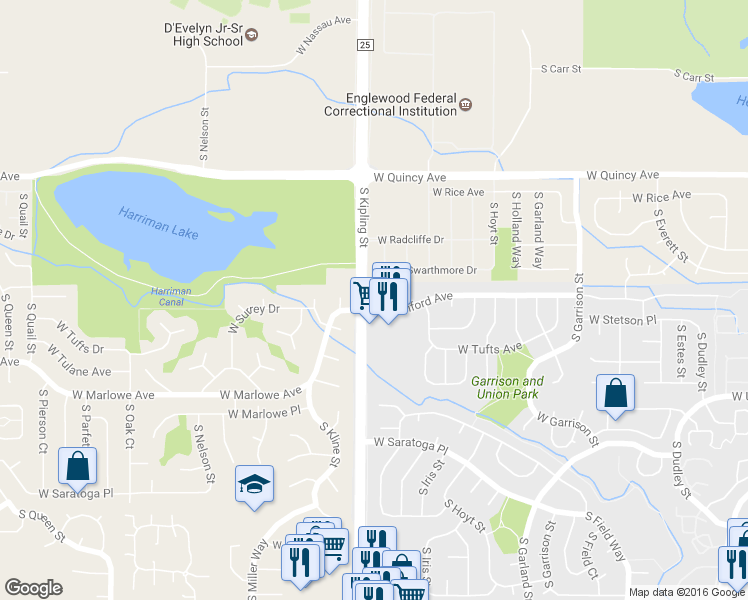 map of restaurants, bars, coffee shops, grocery stores, and more near 4490 South Kipling Street in Denver