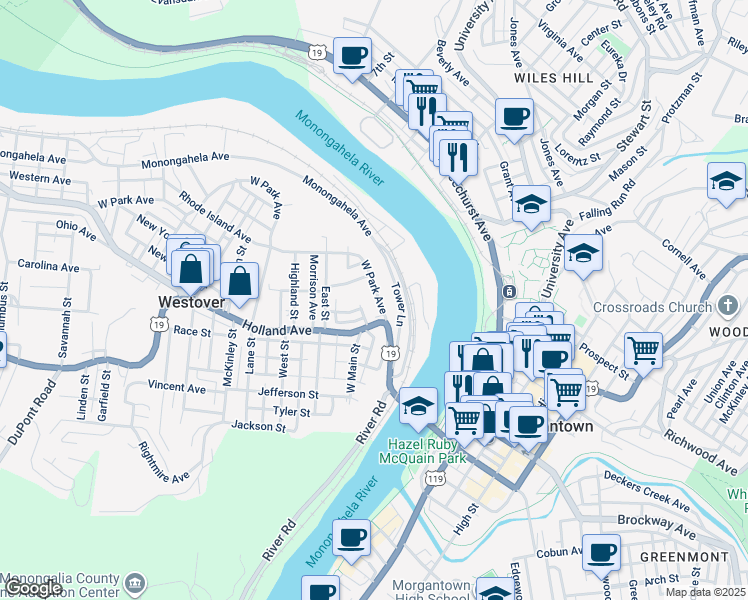 map of restaurants, bars, coffee shops, grocery stores, and more near 9 West Park Avenue in Morgantown