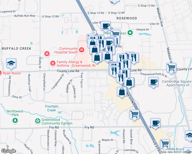 map of restaurants, bars, coffee shops, grocery stores, and more near 1234 Westminster Row in Greenwood