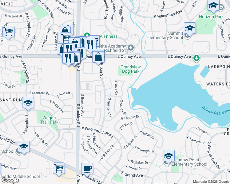 map of restaurants, bars, coffee shops, grocery stores, and more near 17151 East Stanford Avenue in Aurora